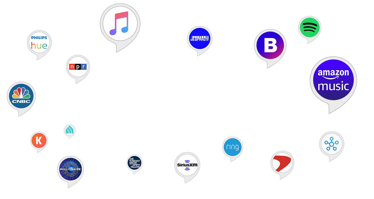  Logos of various music streaming services and various smart home devices floating around 